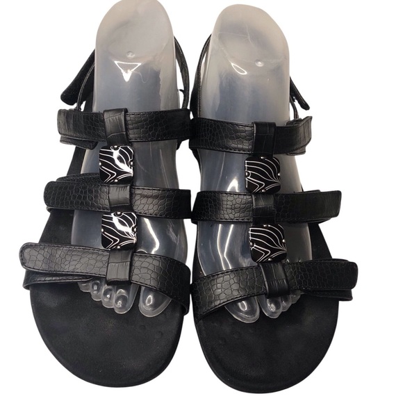 Vionic Orthotic Black Patent Pebbled Strappy Sandals Sz 9 Embellished Front - Picture 1 of 7